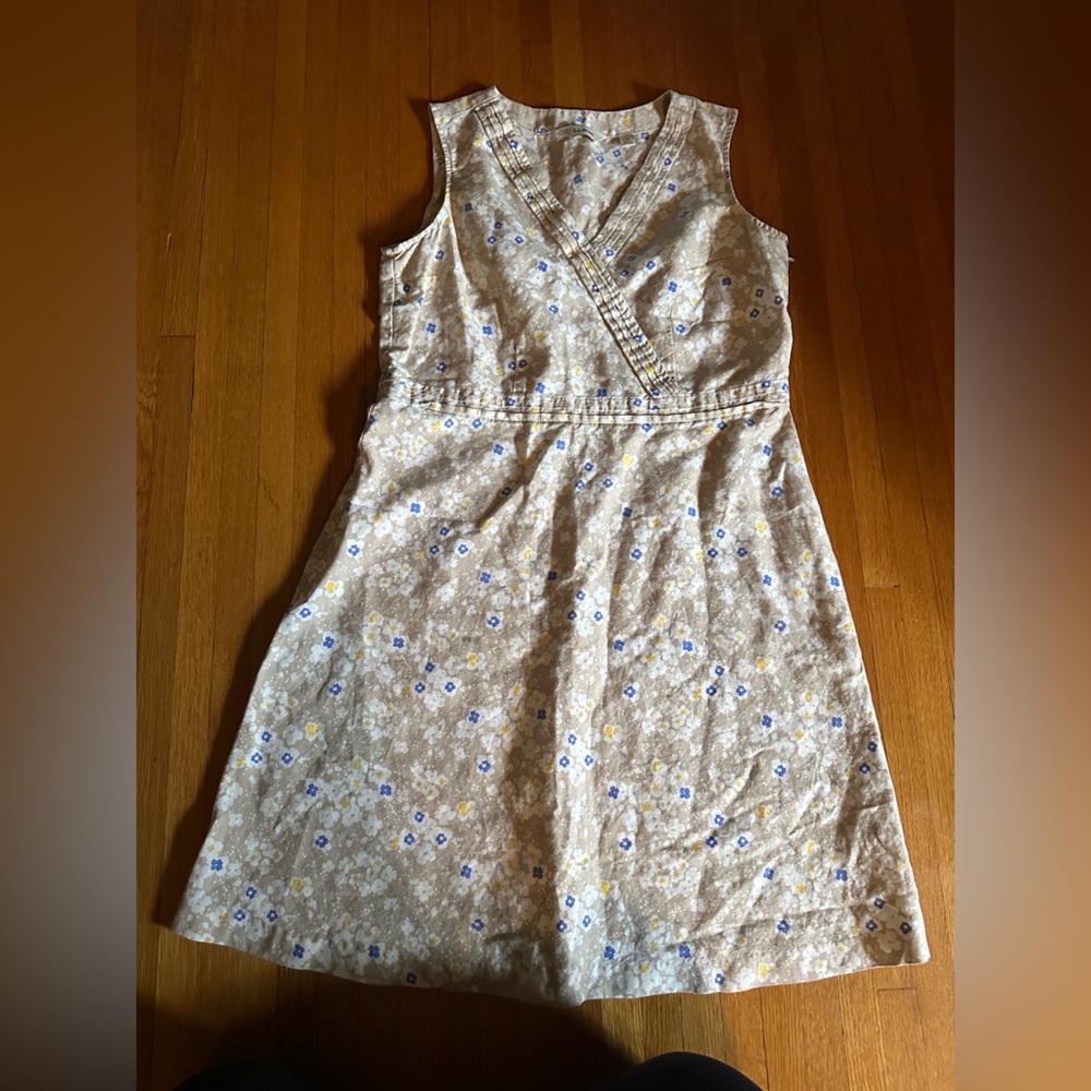 L.L. Bean Linen Blend Little Flowers Faux Wrap Dress, Size 16